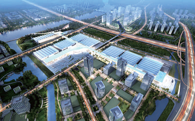 瞄准市场空白 汉诺威之约带来顺德会展春天(图1) 广东(潭洲) 国际会展中心设计方案夜景鸟瞰。
